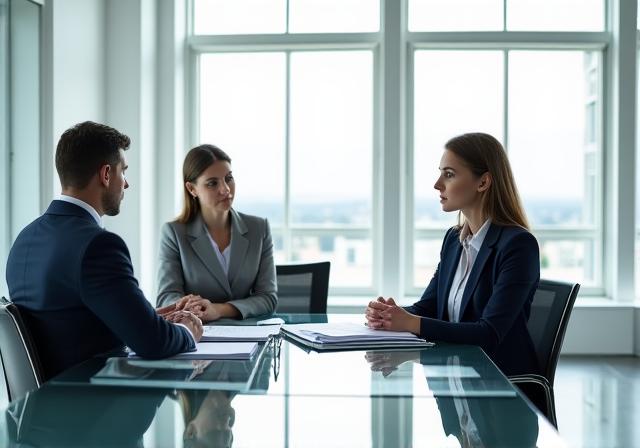 Professional legal consultant reviewing documents in a structured office environment